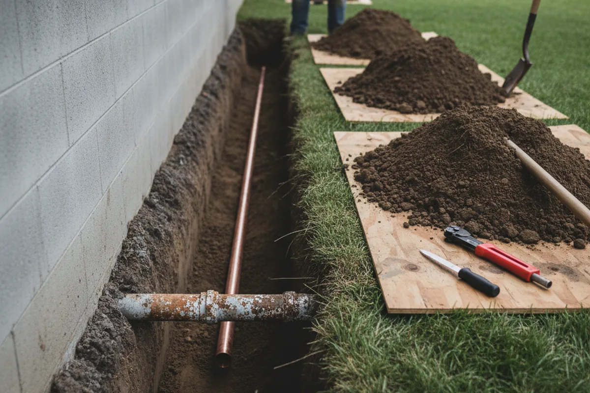Excavated water line trench during Water Softener Installation in Rehoboth